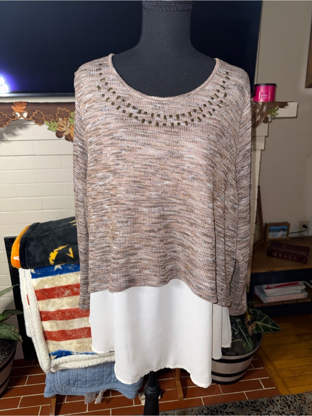 ONE WORLD Taupe Marled Knit Crewneck with Cream Layered Hem